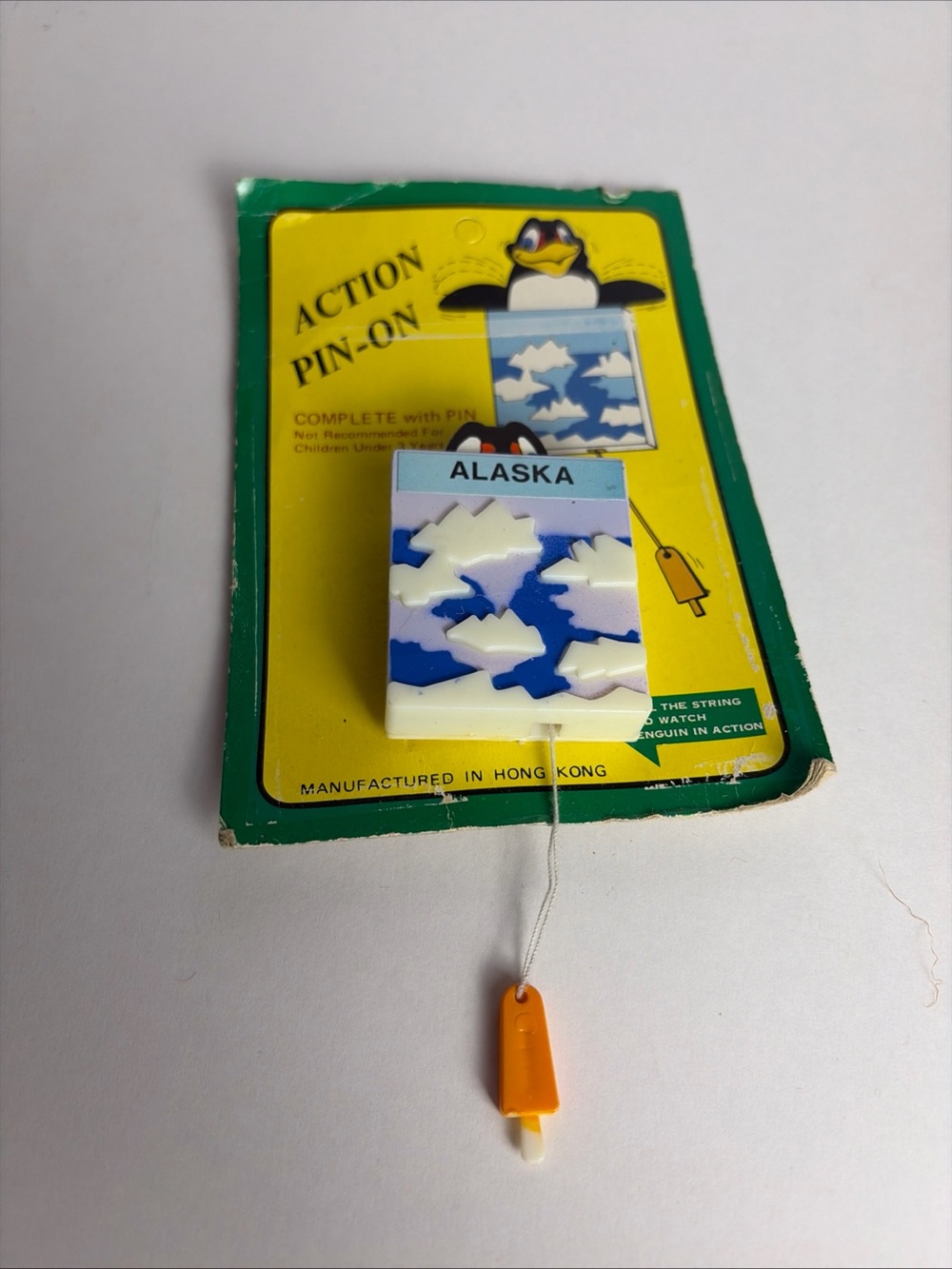 Vintage Alaska Action Penguin In Ice Pin With Moving Parts, Plastic & Wood 70s